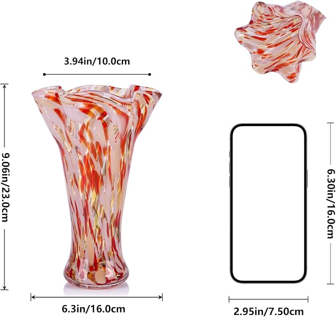 9.0" H Red Glass Vases for Flowers, Unique Hand Blown Glass Vase Home Decor, Wide Mouth Colorful Flower Vase Centerpieces, for Living Room Table Bookshelf, Bathroom Office Shelf Decorative (Red)