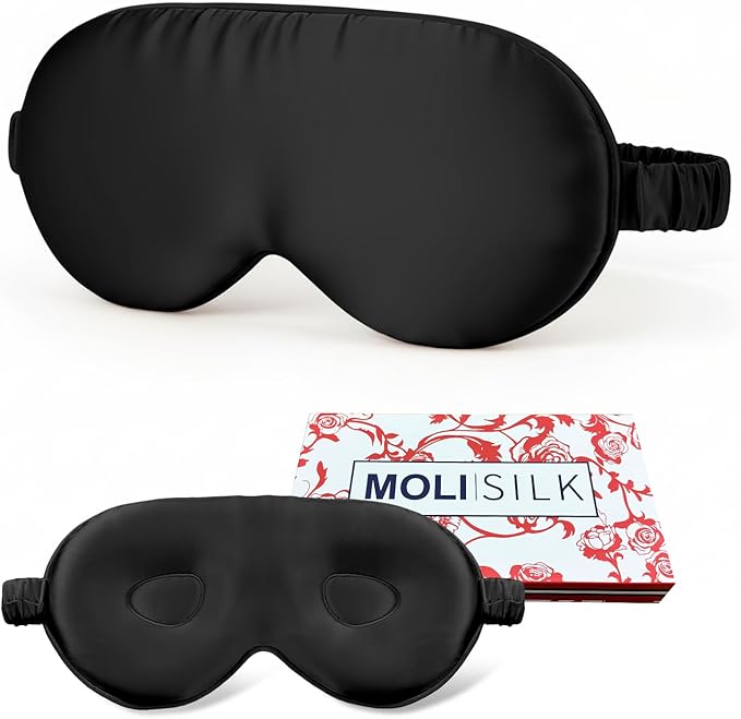 Silk Eye Mask for Sleeping 100% Mulberry Silk Women Men Blindfold,3D Luxury Travel Smooth Elastic Strap Eye Masks Breathable Cooling Soft Night Sleep Work Eyeshade Cover,Black