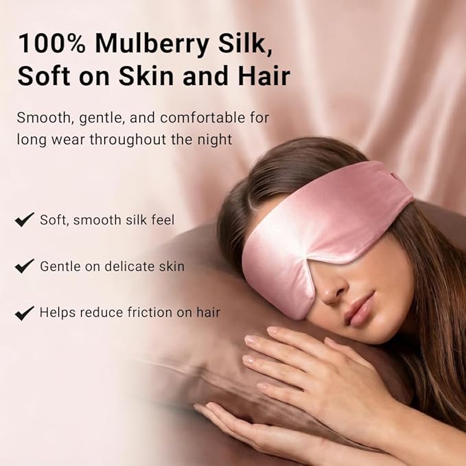 Mulberry Silk Sleep Mask for Women, 100% Blackout Eye Mask for Sleeping, Full Wrap Eye Cover with Adjustable Fit, Soft on Skin and Hair, 22 Momme Pink