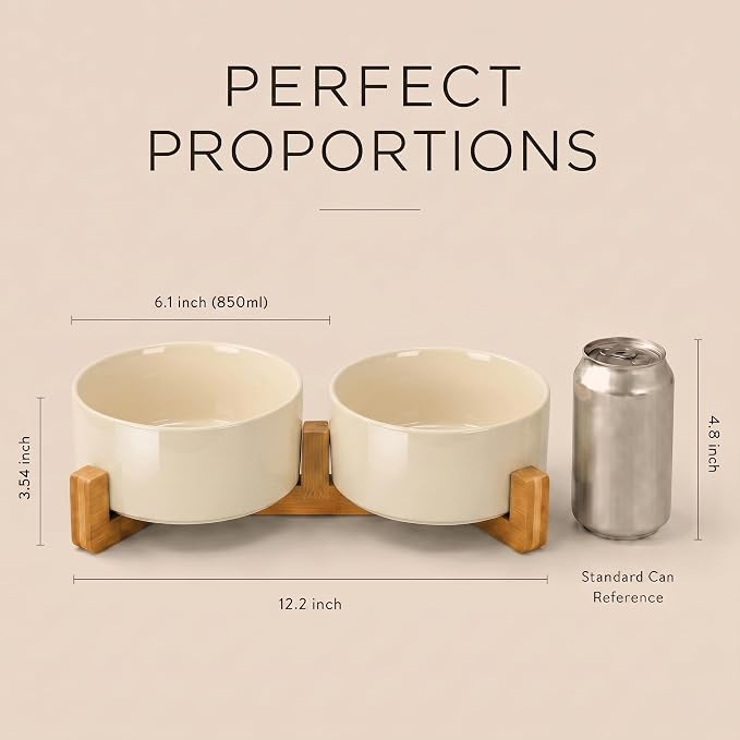 SPUNKYJUNKY Ceramic Dog and Cat Bowl Set with Wooden Stand, Modern Cute Weighted Food Water Set for Small Size Dogs (13.5OZ) & Medium Sized Dogs (28.7OZ) & Cats (3.6 Cups, 2 × Beige)