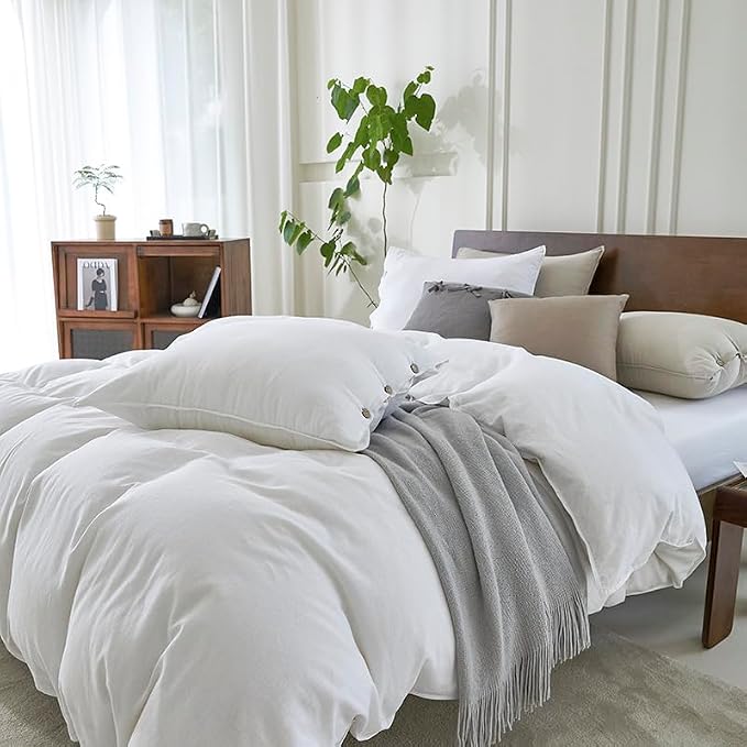 EVERLY 100% Pure Linen Duvet Cover Set Oversized King Size 120X98Inch 3pcs (1 Duvet Cover,2 Pillowcases) Soft and Breathable for All Season with Coconut Button Closure,Suitable for Hot Sleepers-White