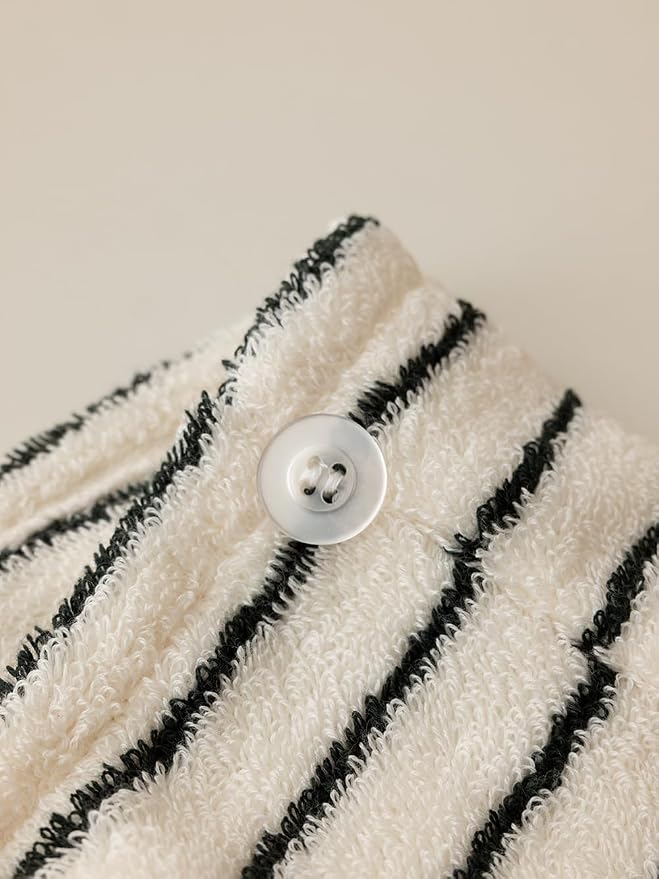 WENSHUO Striped Hair Towel Wrap,100% Combed Cotton,Luxury Hair Drying Towels,Super Absorbent with Button Fasten(Pack of 1) (Ink Stripes, 23.6" L x 9.5" W)