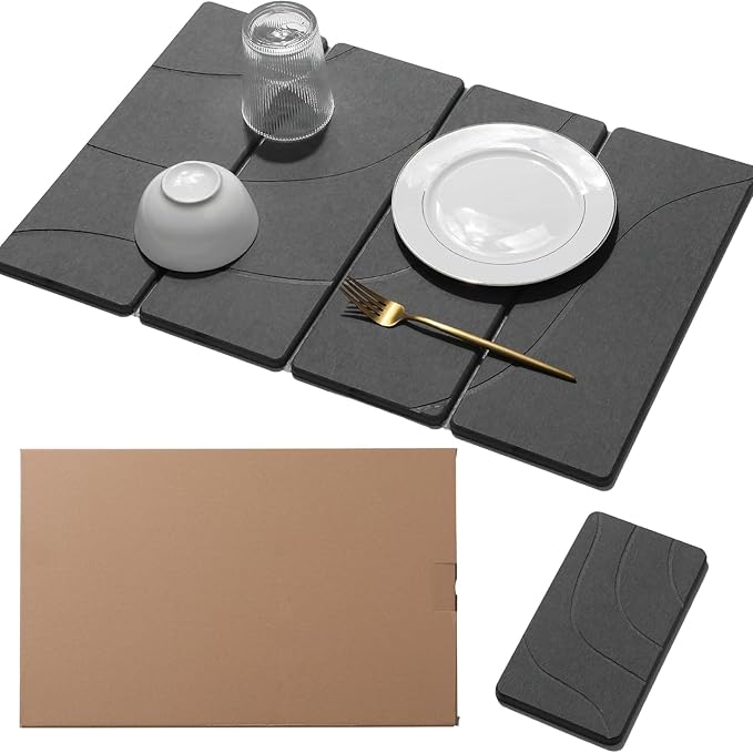 23.6"×15.7" Diatomaceous Earth Stone Dish Drying Mat, Foldable Super Absorbent Quick Dry Non-Slip Eco-Friendly Pad for Kitchen Counter, Dishes, Cups, Bottles & Utensils, Dark Gray