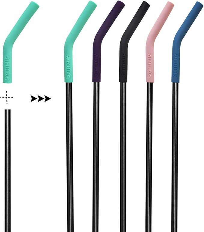 Senneny Set of 5 Stainless Steel Straws with Silicone Flex Tips Elbows Cover, 2 Cleaning Brushes and 1 Portable Bag Included (Black)- 6mm diameter