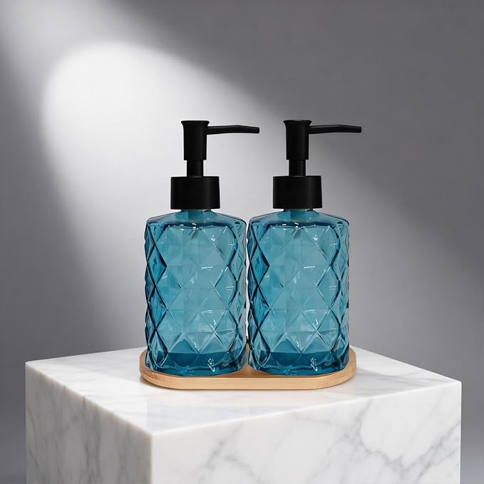 Glass Hand and Dish Soap Dispenser Set of 2 with Plastic Pumps, Bamboo Tray, 12oz Blue Bathroom Soap Dispenser with Diamond for Hand Wash & Dish Wash, Ideal for Bathroom Kitchen Countertop