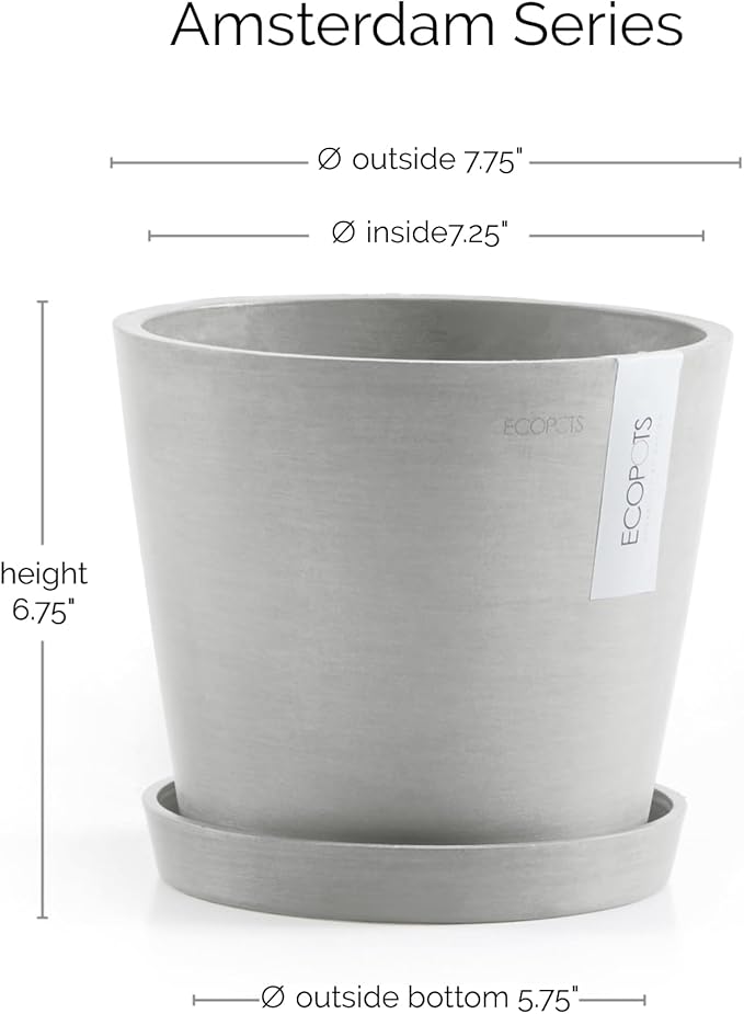 Ecopots Amsterdam Durable Modern Round Indoor/Outdoor Recycled-Based Composite Flower Pot Planter w/Water Reservoir, White Grey, 8"
