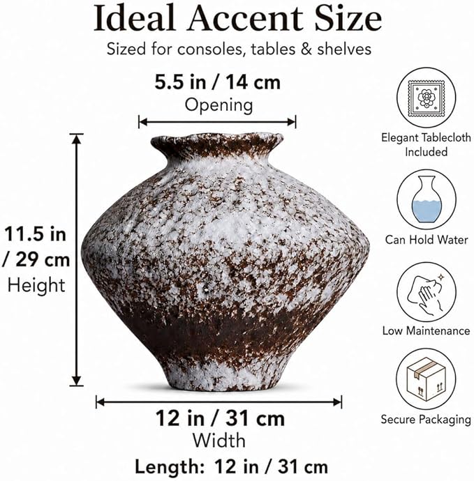 Wabi Sabi Rusty Vintage Vase, 11.4" Tall Wabi Sabi Decor Rustic Farmhouse Pottery Vase for Centerpiece, Textured Pottery Flower Vases for Home Decorative, Table, Living Room (Rusty White, Large)