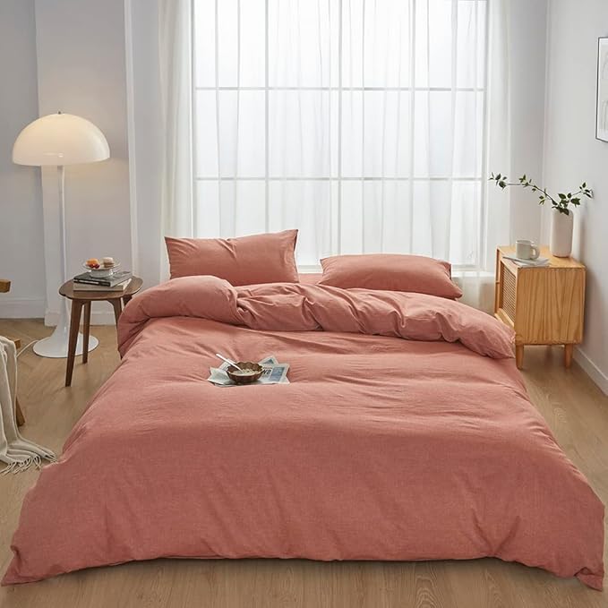 FACE TWO FACE Bedding Duvet Cover Set100% Washed Cotton Duvet Cover Linen Like Textured Breathable Durable Soft Comfy (Full, Caramel)