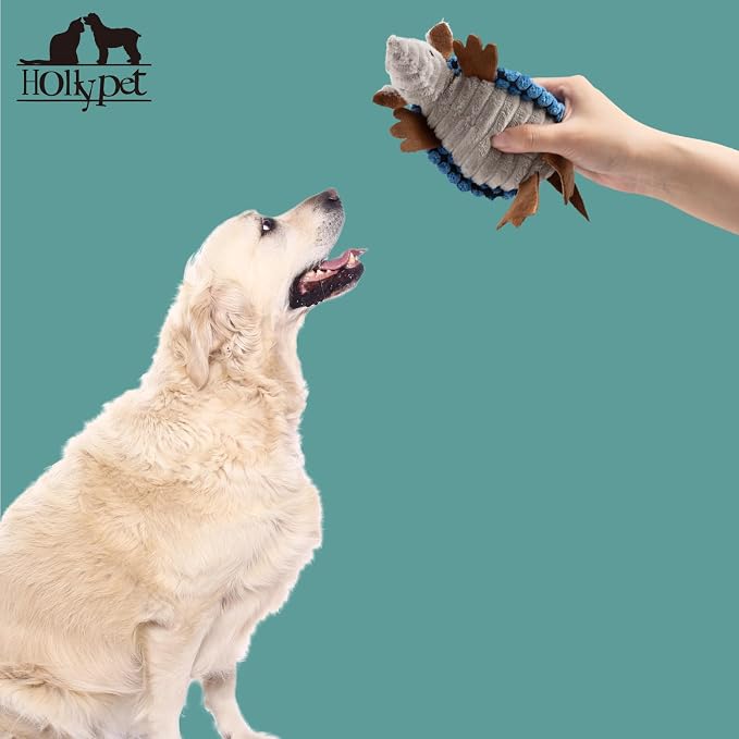 Hollypet Plush Dog Squeaky Toy Stuffed Armadillo Animal Pet Puppy Chew Toys with Clean Teeth for Small Medium Large All Breed Sizes Dogs, Blue, 6 in