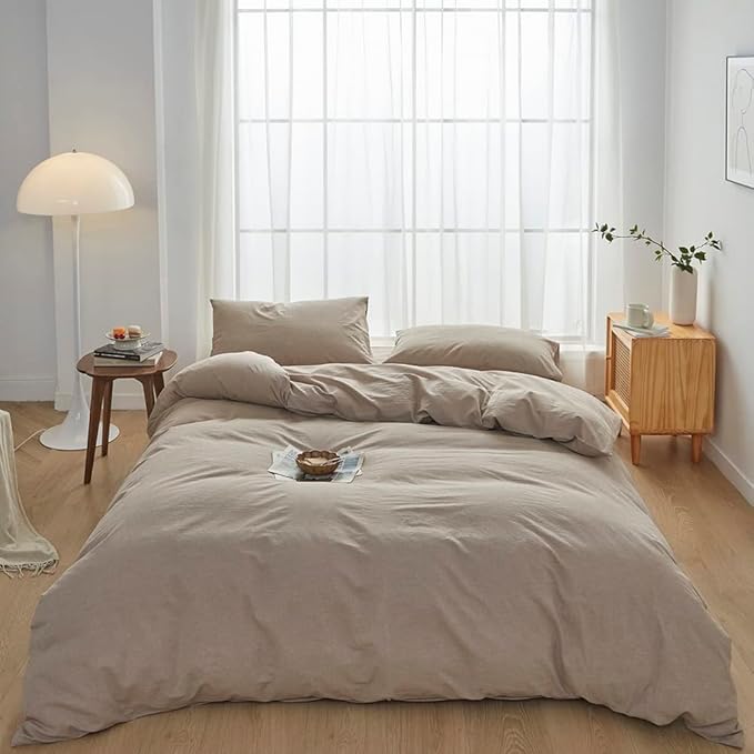 FACE TWO FACE Bedding Duvet Cover Set100% Washed Cotton Duvet Cover Linen Like Textured Breathable Durable Soft Comfy (Full, Khaki)
