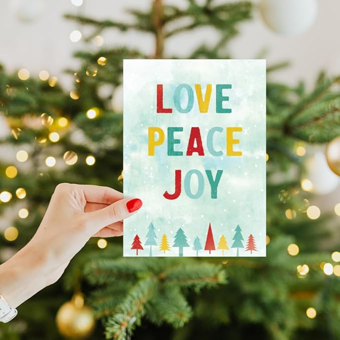 Tree-Free Greetings Holiday 10 Pack with Matching Envelopes, Eco Friendly, Made in USA, 100% Recycled Paper, 5"x7", Love Peace Joy (HB54436)