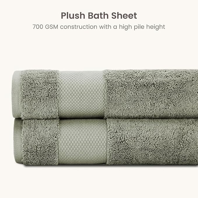 BIOWEAVES 100% Organic Cotton Bath Sheet Set of 2 | Soft Oversized Bath Towels | 700 GSM Premium Bath Towel Sheet Set GOTS Certified - Sage