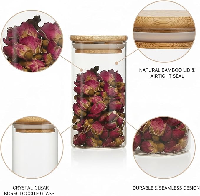 Borosilicate Glass Storage Jar with Bamboo Lid, Airtight Dry Food Canister for Kitchen Pantry & Countertop Organization
