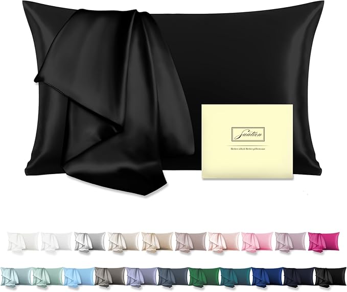 Mulberry Silk Pillowcase for Hair and Skin Standard Size 20"X 26" Pillow Case with Hidden Zipper Soft Breathable Smooth Cooling Silk Pillow Covers for Sleeping (Black,Standard,1Pcs)