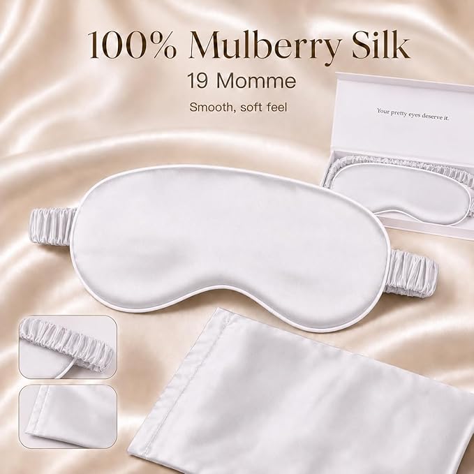 Silk Sleep Mask Light Blocking Luxury 100% Mulberry 19mm Silk Eye Mask Eye Cover Blindfold Ultra Soft Light & Comfy Anti Aging Skin Care with Travel Bag Gift Package