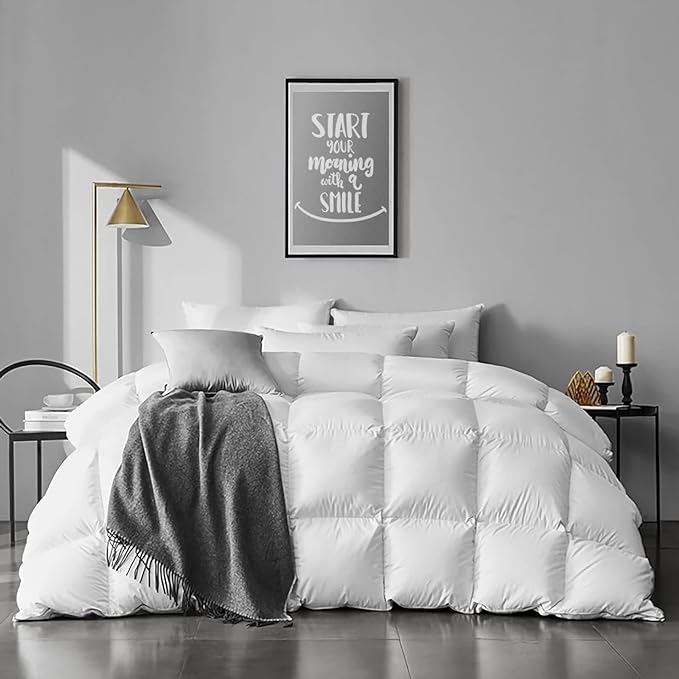 APSMILE Queen Size Feathers Down Comforter - Ultra Soft All Seasons Organic Cotton Cover Duvet Insert Medium Warm Quilted Bed Comforter with Corner Tabs (90 x 90, Ivory White)