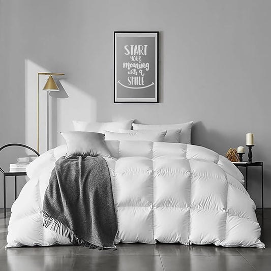 APSMILE Queen Size Feathers Down Comforter - Ultra Soft All Seasons Organic Cotton Cover Duvet Insert Medium Warm Quilted Bed Comforter with Corner Tabs (90 x 90, Ivory White)