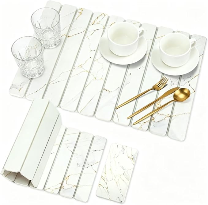 2 PCS White Marble Dish Drying Mat for Kitchen Counter, Diatomaceous Earth Stone Drying Mat, Foldable Quick-Dry Placemat Dishes Cups Utensils, stone drying mat for kitchen counter（20"×14" & 8"x4"）