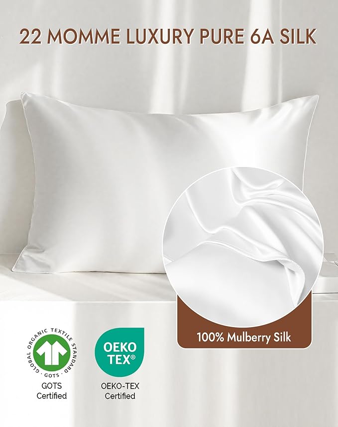 SilkSilky 100% Mulberry Silk Pillowcase - Pure 22 Momme High-Grade 6A Fibers for Hair & Skin, Hidden Zipper, Natural, Organic, Breathable & Cooling Pillow Case (Standard 20''x26'', White)