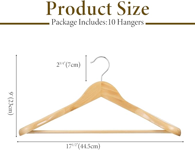 10 Pack Wooden Hangers, Heavy Duty Wide Shoulder Hangers with Non Slip Pants Holder, Solid Wood Jacket Clothes-Hangers with 360 Swivel Hook and Strong Pant Bar for Sweater, Pants, Coats(Natural)