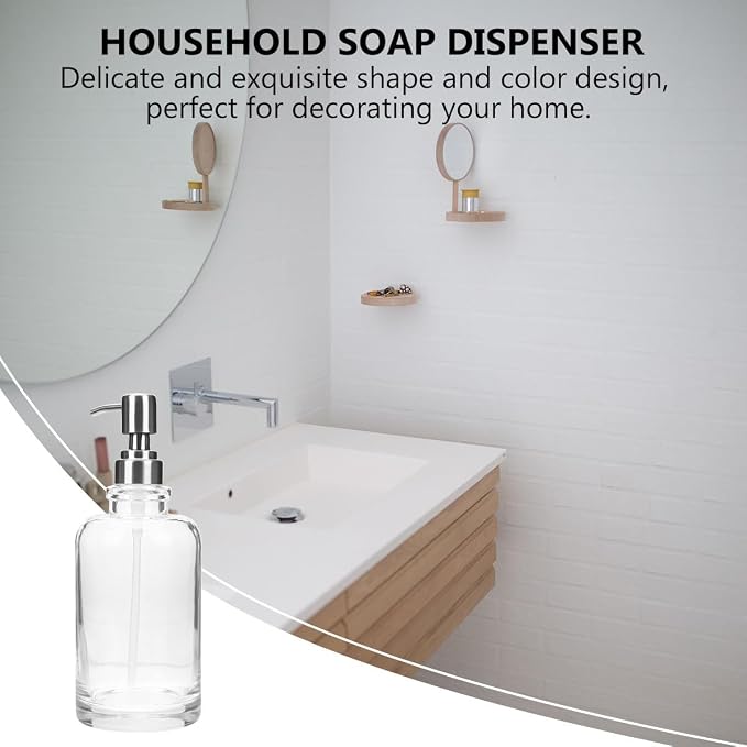 Luxshiny Glass Soap Dispenser 18Oz (500Ml) with 304 Stainless Steel Pump and Label Sticker, Manual Hand Soap Dispenser Set for Kitchen and Bathroom Countertop Use
