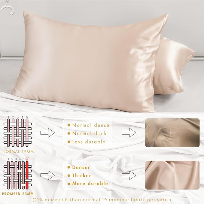 PROMEED 100% Silk Pillowcase for Hair and Skin, Both Sides Grade 6A+ 23mm Mulberry Silk Pillow Case with Hidden Zipper, 1400 TC, Soft & Smooth (Queen 20"x30", Champagne)