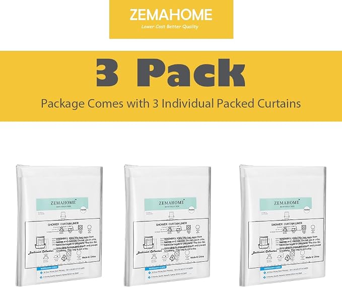 ZEMAHOME 3 Pack PEVA Plastic Shower Curtain Liner Premium Light Weight 72" x 72" Clear Bathroom Shower Showroom Curtain Liner with Rustproof Metal Gromments and Weighted Magnet