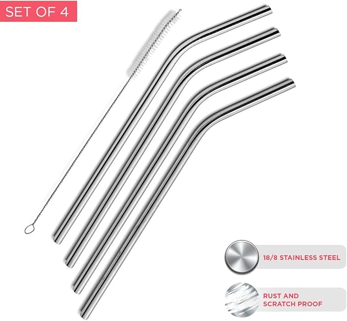Stainless Steel Drinking Straws Set of 4, Curved metal Straws reusable for 20 0z Tumbler, | Fits all Yeti SIC Simple Modern Tumblers, Cleaning Brush Included.