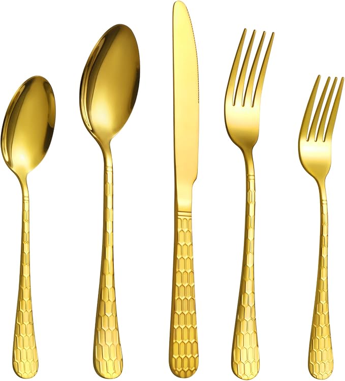 20 Pcs Gold Silverware Set for 4, Food Grade Stainless Steel Flatware Set, Eating Utensils Sets Include Fork/Knife/Spoon, Reusable Cutlery Set for Home Kitchen, Dishwasher Safe, Round Hammered