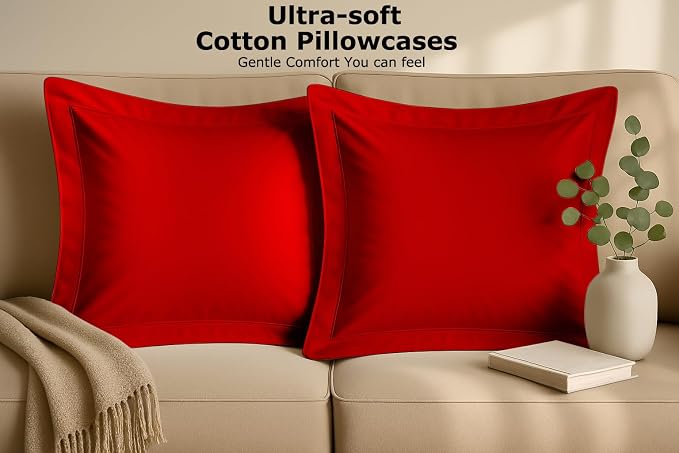 2 Pack Euro Pillow Shams 26x26 – 600 Thread Count 100% Organic Cotton Red Square Pillow Covers with 2 Inch Flange, Soft & Smooth Premium Hotel-Quality Pillowcases Set of 2