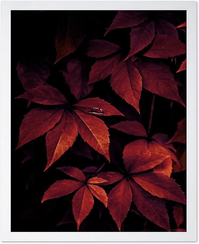 Monem Art Red Autumn Leaves Macro Photography Print - Moody Botanical Nature Poster - Wall Decor for Living Room, Bedroom or Office - 16x20 White Framed Wall Art by Mareike Bohmer