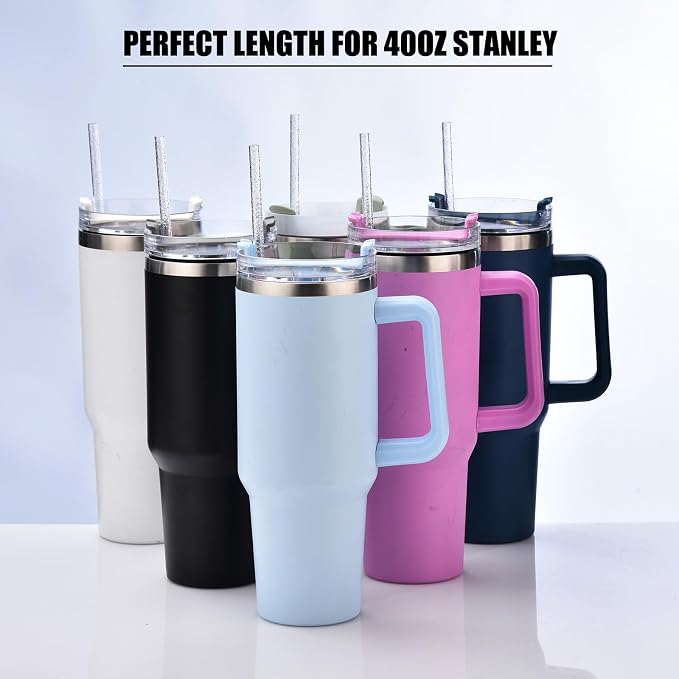ALINK 12-Pack Reusable Glitter Straws, 13 in Extra Long Hard Plastic Clear Tumbler Straws for Stanley Owala 40 oz Tumbler, 1 Gallon Jug, 64/32 oz Tall Bottles, Starbucks with Brush