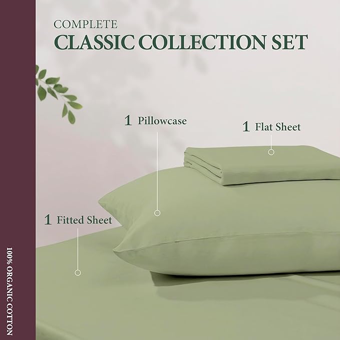 100% Organic Cotton Sheets Twin Size - 3 PC Organic Cotton Twin Size Percale Weave Sheet Set, Soft, Cooling, Crisp & Breathable, 16" Deep Pocket Hotel Quality Bedding Set - Sage Green