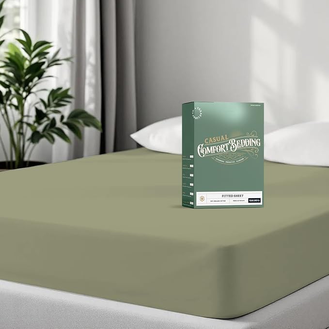 TEXAS LINEN CO. 100% Organic Cotton Percale Weave Fitted Sheet Twin XL Size, Sage Green, 1 Deep Pocket Twin XL Fitted Sheet, Fits Mattress Upto 16" Crisp & Cool Bed Linen, Luxury GOTS Certified Sheets