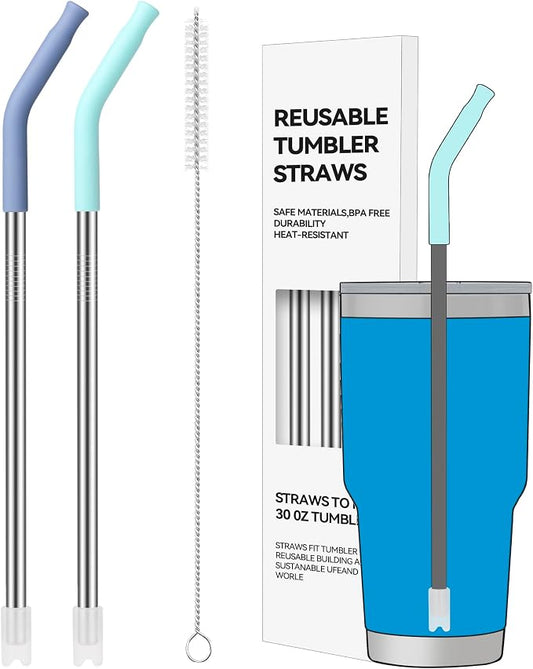 2 PCS 30oz Reusable Straws Ideal for 30oz Stanley Cup & 24oz Tumblers | Stainless Steel Drinking Straw with Anti-Clank Silicone Bottom, Fits Most Medium-Size Mugs