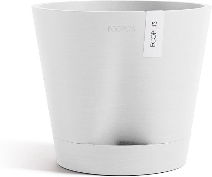 Ecopots Venice 2 Durable Modern Round Indoor/Outdoor Recycled-Based Composite Flower Pot Planter w/Water Reservoir, Pure White, 8"