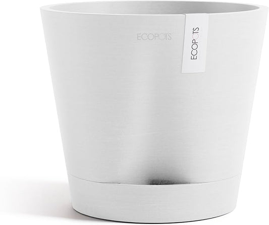 Ecopots Venice 2 Durable Modern Round Indoor/Outdoor Recycled-Based Composite Flower Pot Planter w/Water Reservoir, Pure White, 8"