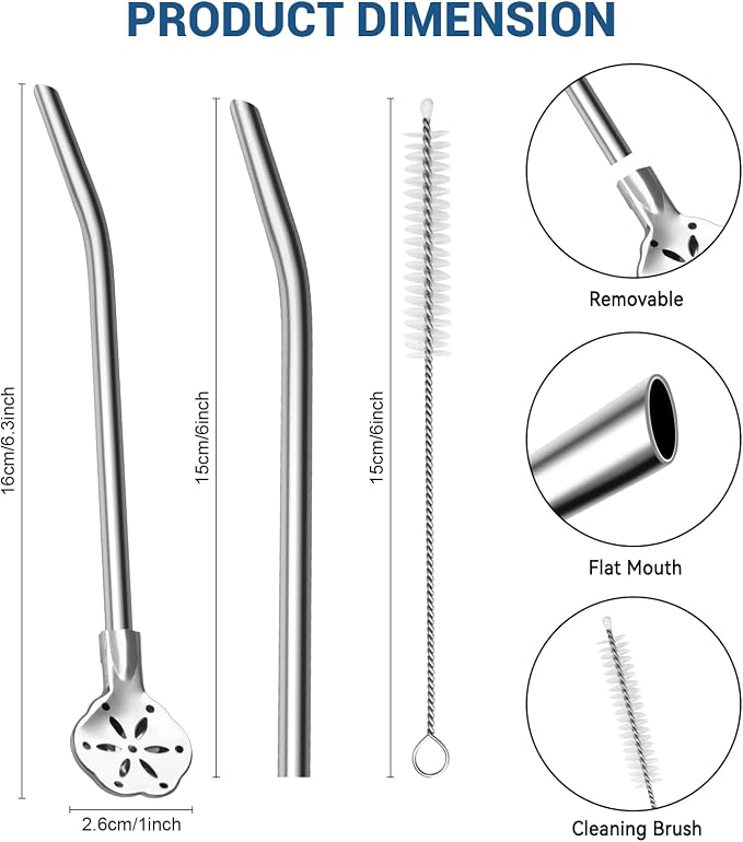 6.3'' Yerba Mate Straw, 6 Pcs Bombilla Metal Spoon Straws Stainless Steel Drinking Filter Straws, Reusable Bent Straw with Cleaning Brush, Removable Straw Spoon for Tea Cocktail coffee(Silver)