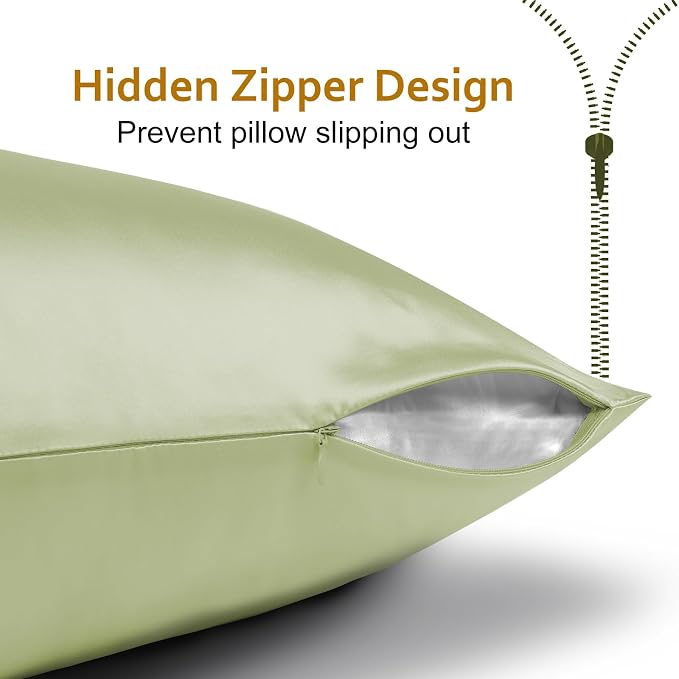 Ravmix Silk Pillow Cases with Zipper, 21momme Mulberry Silk Pillowcase for Hair Skin Health, Soft Smooth Breathable Cool Pillow Cover for Beauty Sleep with Gift Box 1PC(King 20"x36", Bean Green)