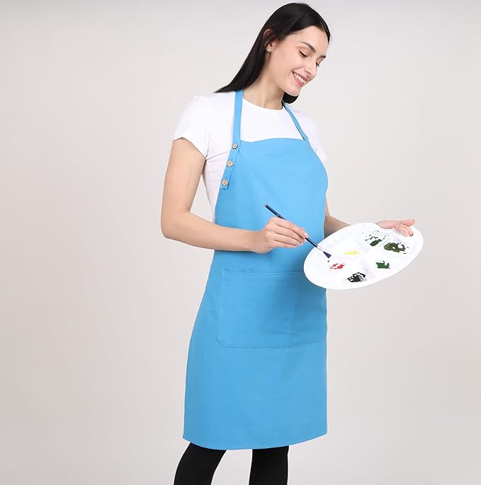 Kitchen Apron Cotton Waterdrop Resistant with adjustable Aprons for Women with Pockets 9 Color option Cooking (Light Blue)