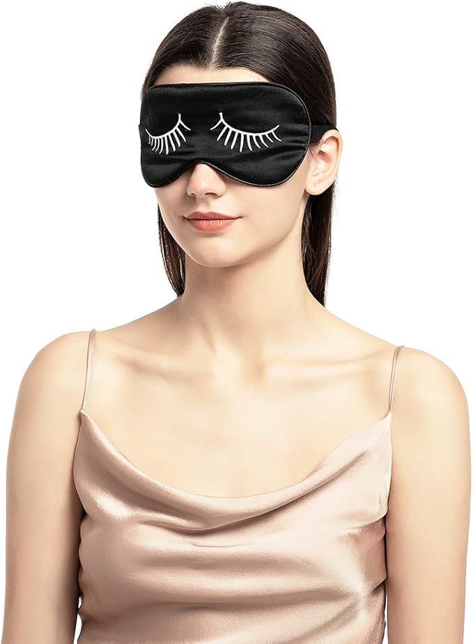 100% Mulberry Silk Sleep Mask Blackout, Cute Natural Sleeping Mask with Adjustable Elastic Strap, Satin Eye Cover for Men Women Adults (White Eyelashes)