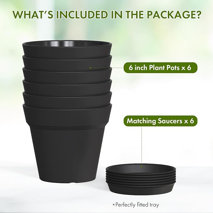 WSMKSZ 6 Inch Thick Plastic Plant Pots with Drainage Holes and Trays – 6 Pack Nursery Pots for Indoor & Outdoor House Plants, Seedling Starter Planters for Garden Flowers, Matte Black