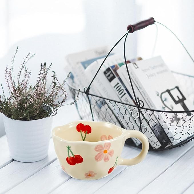 Cute Coffee Mug Gift for Women Ceramic Tea cup Kawaii mugs Handmade Creative Flower Pink mug with Spoon Aesthetic mugs for Cappuccino Milk Cocoa, 8.5 oz Cheery Mug for Mom Mother day (Pink)