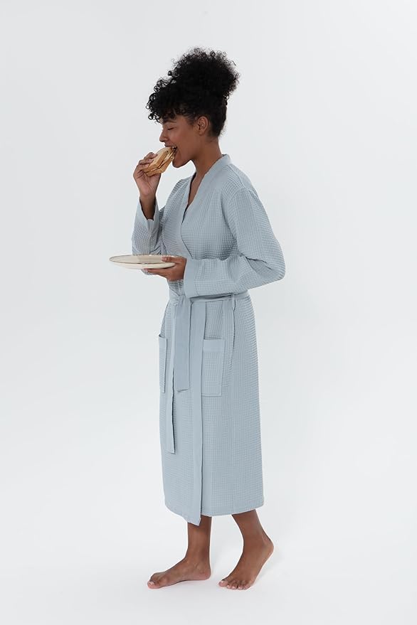SEYANTE Women's Organic Cotton Waffle Kimono, Hooded Robe – GOTS Certified Lightweight Full-Length Spa Bathrobe with Piping