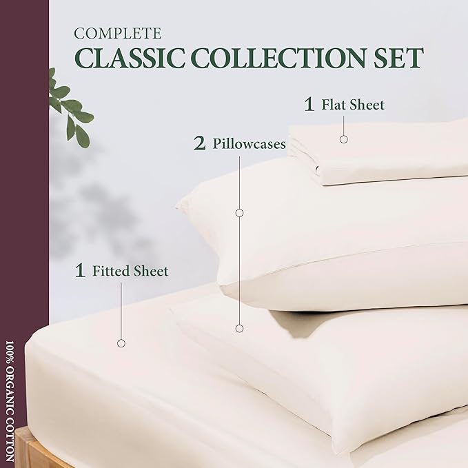 100% Organic Cotton Sheets Queen Size - Organic Cotton Queen Size Percale Weave Sheet Set (4 PC, Ivory), Soft, Cooling, Crisp & Breathable, 16" Deep Pocket Hotel Quality Bedding Set