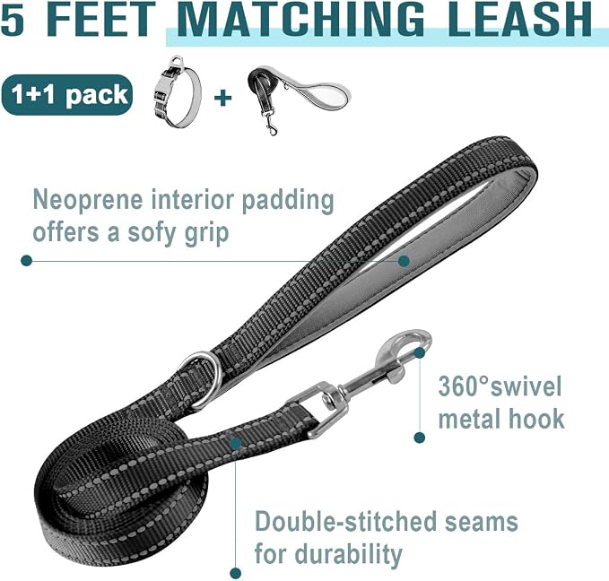 Dog Collar for Medium Small Large Dogs Reflective with Leash,Collar and Leash for Dogs,Soft Neoprene Padded 2 Pack(Black,XS)
