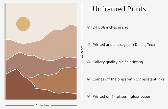 Y2K BOO Abstract Mountain Landscape UNFRAMED Wall Art Sun Rolling Hills Earth Tones Terracotta Mid Century Modern 24x36 Inch Heavyweight Paper Minimalist Studio Decor
