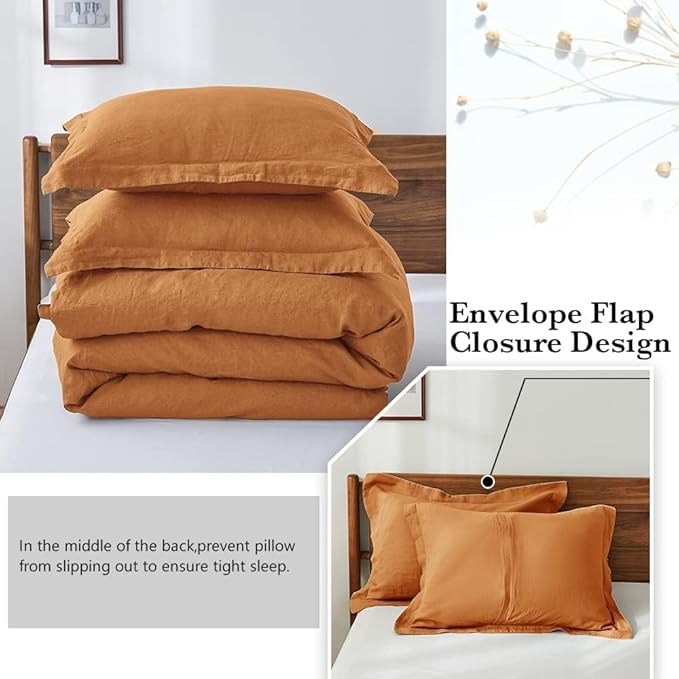 100% French Linen Pillow Shams Basic Style - Pack of 2 - Washed Solid Color Natural Flax Soft Breathable - Rust, 20'' x 36''