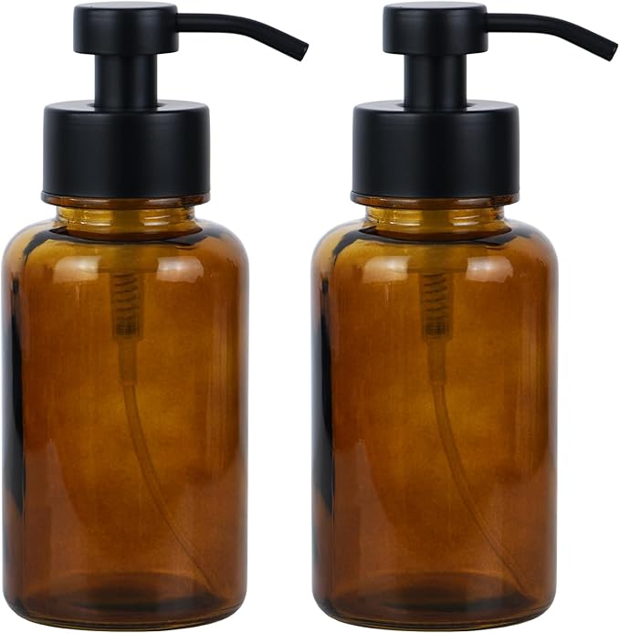 15 oz Amber-Tinted Thick Glass Foaming Soap Dispenser, Refillable Foaming Soap Dispenser with Black Rust-Proof Foam Pump, Suitable for Bathrooms and Kitchens (2, Amber)