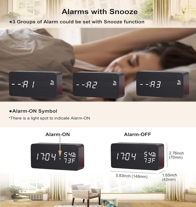 Wooden Digital Alarm Clock Modern Wood Snooze Clock Electronic Desk Clock LED Display Time Temperature Humidity Voice Control 3 Alarms 3 Brightness for Home Kids Bedroom Office Raercodia (Black,White)